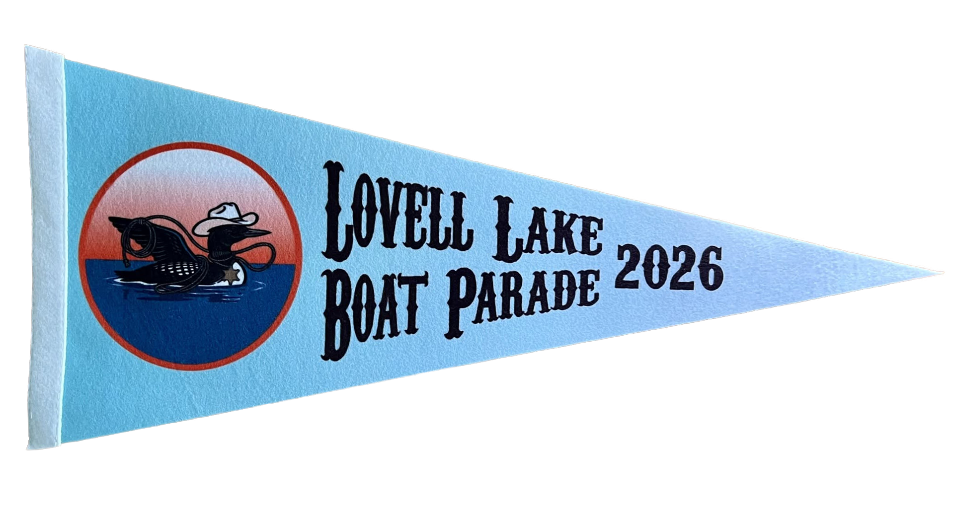 Pennant with event name and image of loon in cowboy hat