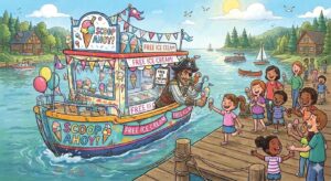 Cartoon boat with pirate passing out ice cream to children